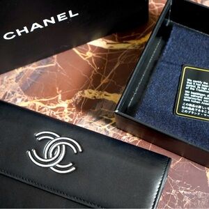 Chanel Black Caviar Leather long flap wallet CC Logo